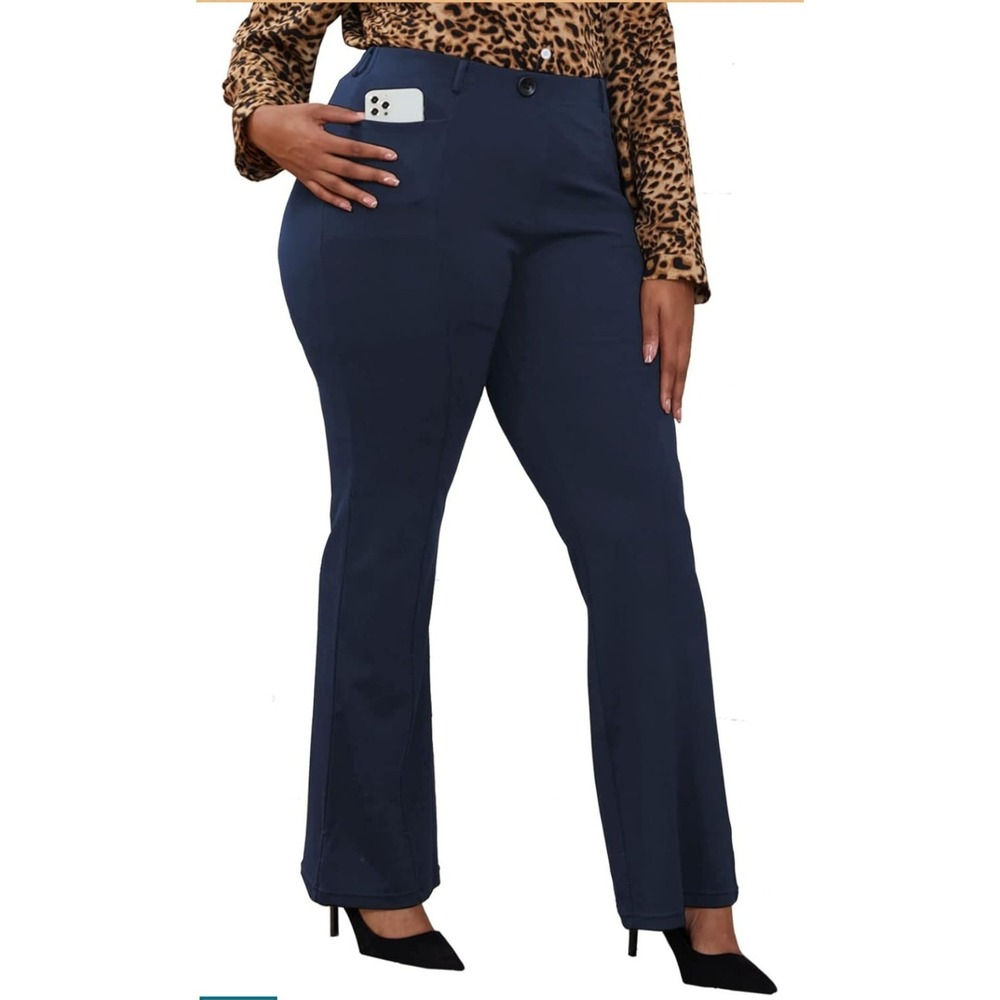 Women's Blue Wrinkle-Free Stretch‎ Dress Pants Plus 2XL Pull-on